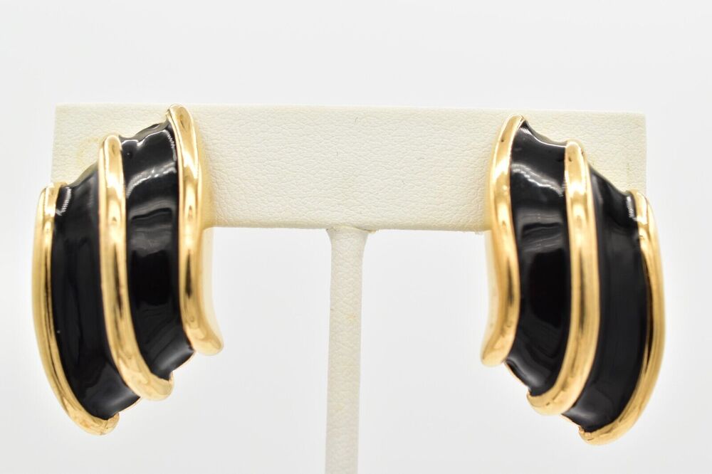 Puccini Vintage Clip Earrings Black Enamel Gold Tone Heavy Chunky Signed BinZ